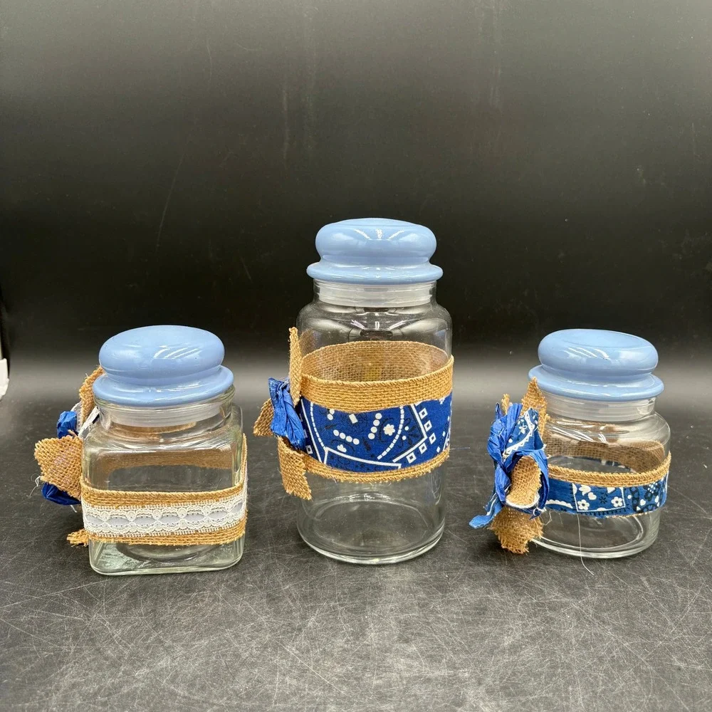 Rustic Farmhouse Glass Canister Set 3pc Burlap Blue Bandana Lace Decor Lids